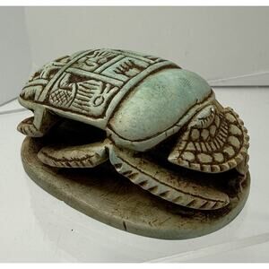Vtg Egyptian Revival Scarab Large Carved Beetle Anubis & Horus Protection 3.5 In